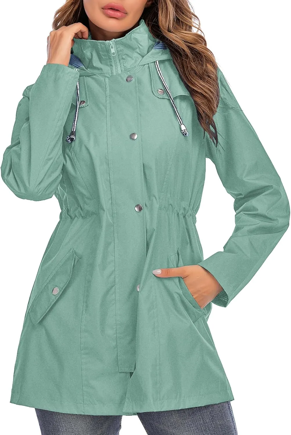 Rain Jacket Women Striped Lined Hooded Lightweight Raincoat Outdoor Waterproof Windbreaker