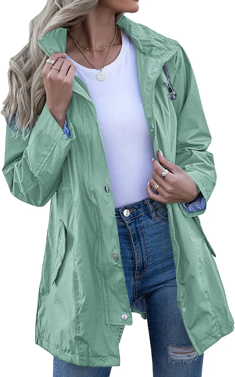 Rain Jacket Women Striped Lined Hooded Lightweight Raincoat Outdoor Waterproof Windbreaker