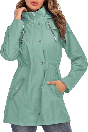 Rain Jacket Women Striped Lined Hooded Lightweight Raincoat Outdoor Waterproof Windbreaker