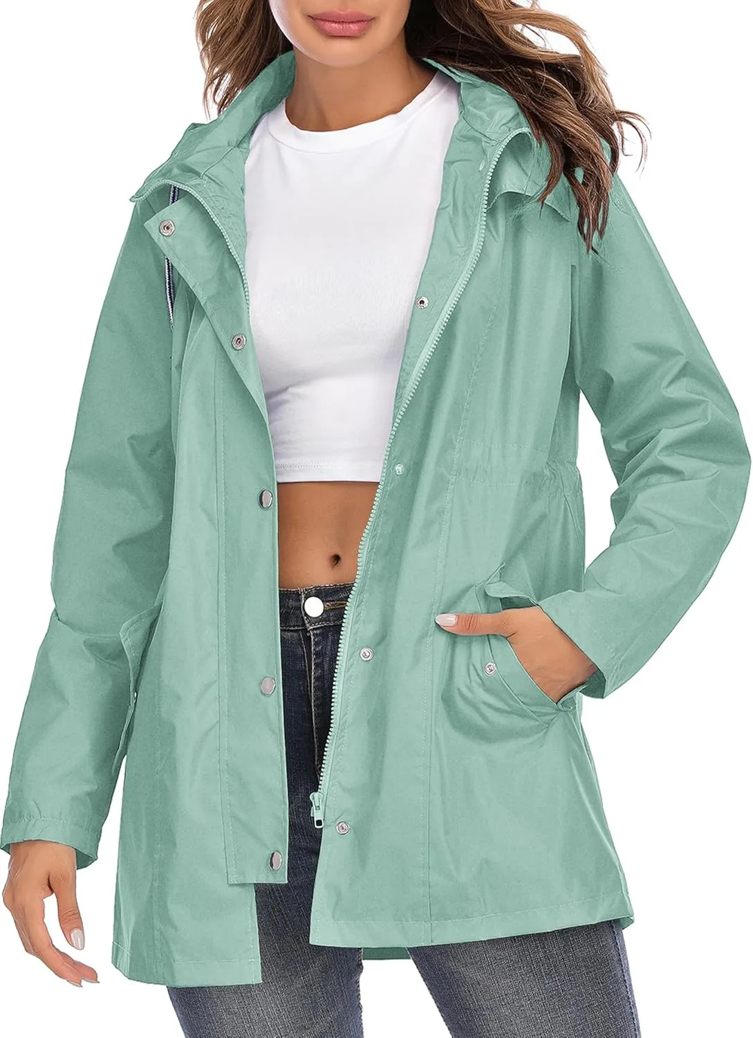 Rain Jacket Women Striped Lined Hooded Lightweight Raincoat Outdoor Waterproof Windbreaker