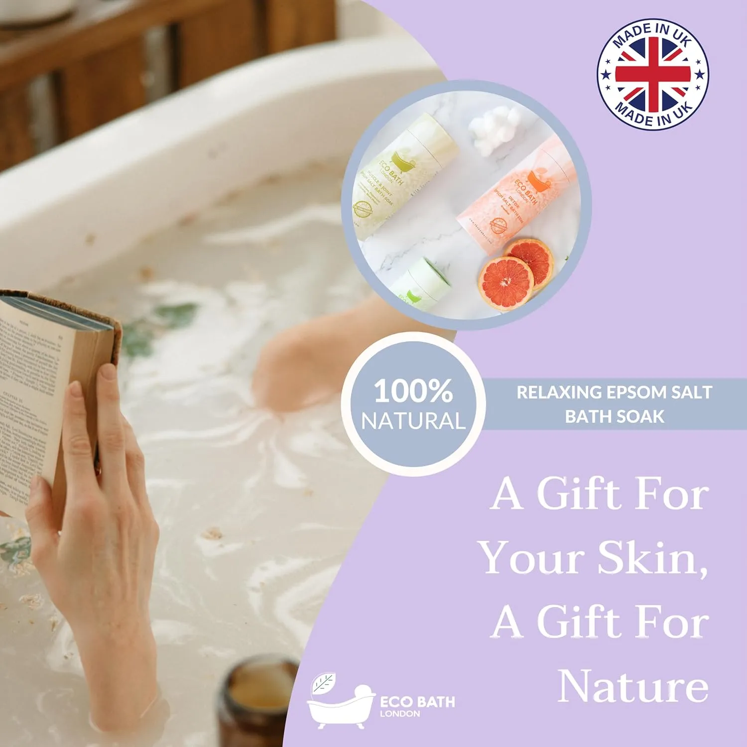 Relaxing Lavender Epsom Salt Bath Soak – Made in UK | Magnesium Bath Salts with Lavender Essential Oil | Epsom Salts for Relaxation & Calm - 2.2 LB (1kg)