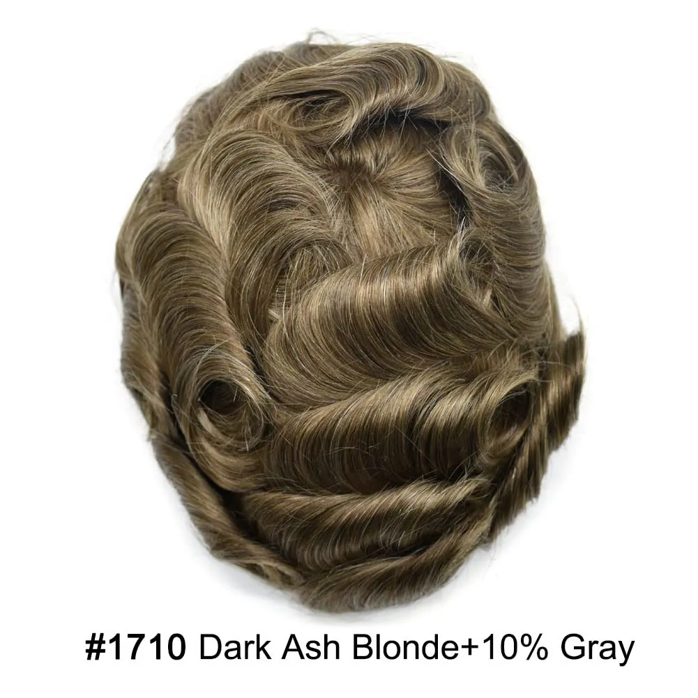 RESHE PU Hair Piece For Men AToupee Remy European Human Hair Transparent 0.06mm Thin Skin Toupee For Men Hair Replacement Systems Mens Hairpiece 8x10#1710#17 DARK ASH BLONDE 10% GREY 100% Density