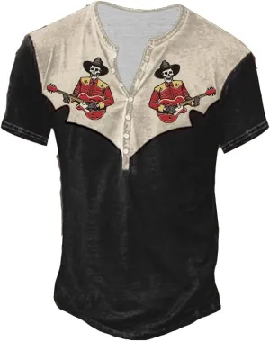 Retro Western Skull Cowboy Playing Guitar Shirt Rock and Roll Shirts for Men Rock Band T Shirts for Men, 5X-Large