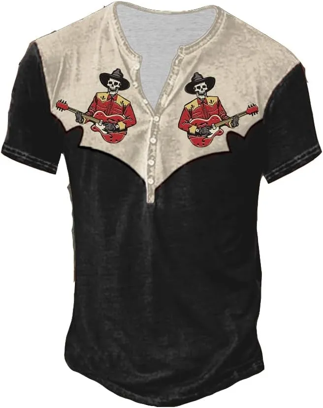Retro Western Skull Cowboy Playing Guitar Shirt Rock and Roll Shirts for Men Rock Band T Shirts for Men, 5X-Large