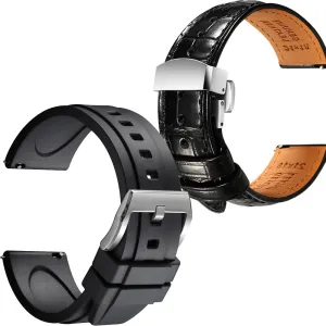 REZERO Black Leather&Rubber Quick Release Premium Material Watch Straps Set of 2, 19mm