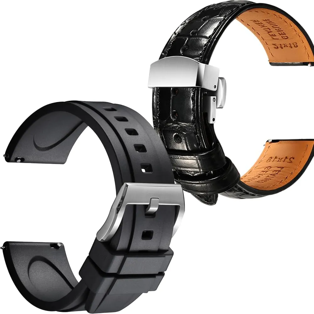 REZERO Black Leather&Rubber Quick Release Premium Material Watch Straps Set of 2, 19mm