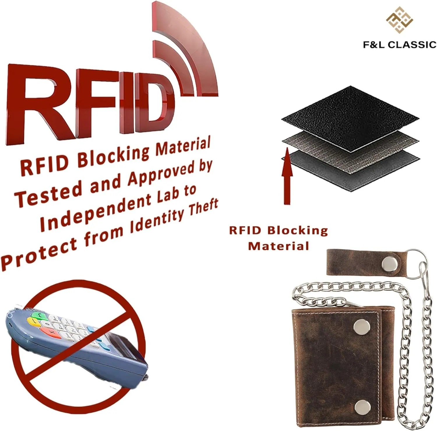 RFID Blocking Men's Tri-fold Vintage Biker Cowhide Leather Steel Chain Wallet,Snap closure, Made In USA,Vintage buffalo brown White stitching,315