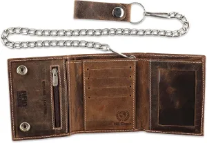 RFID Blocking Men's Tri-fold Vintage Biker Cowhide Leather Steel Chain Wallet,Snap closure, Made In USA,Vintage buffalo brown White stitching,315