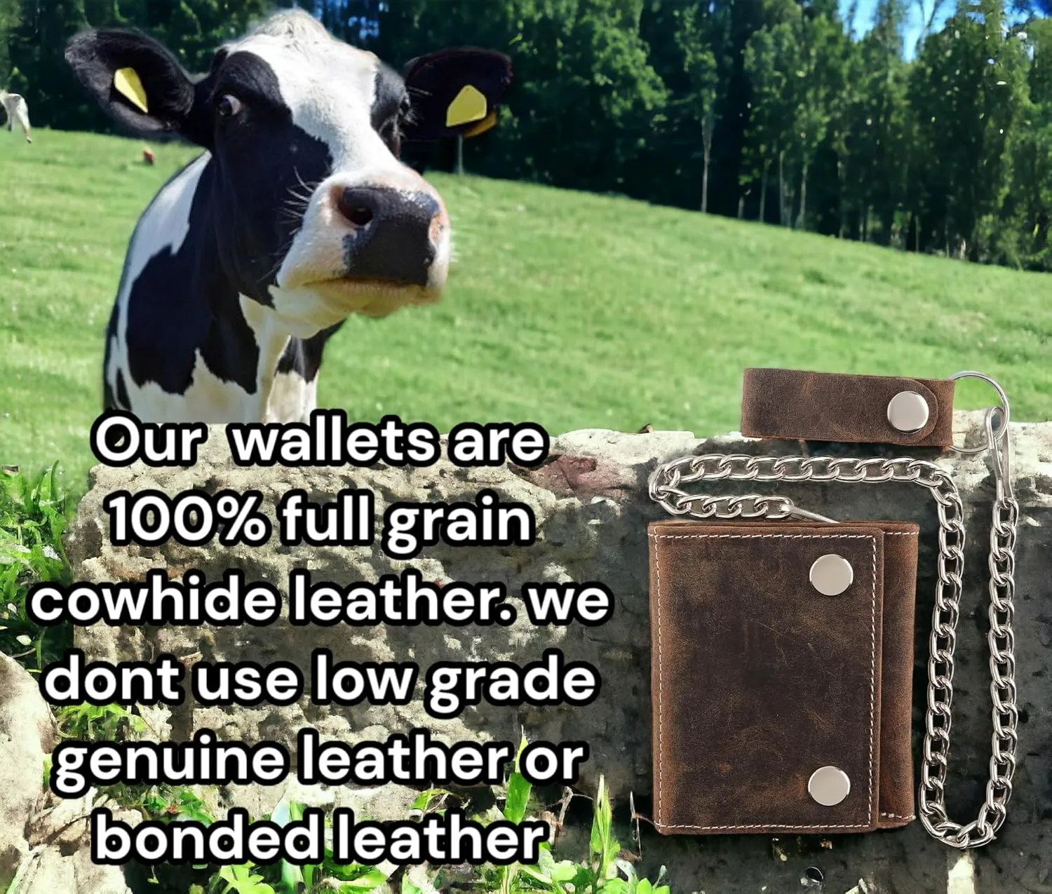 RFID Blocking Men's Tri-fold Vintage Biker Cowhide Leather Steel Chain Wallet,Snap closure, Made In USA,Vintage buffalo brown White stitching,315