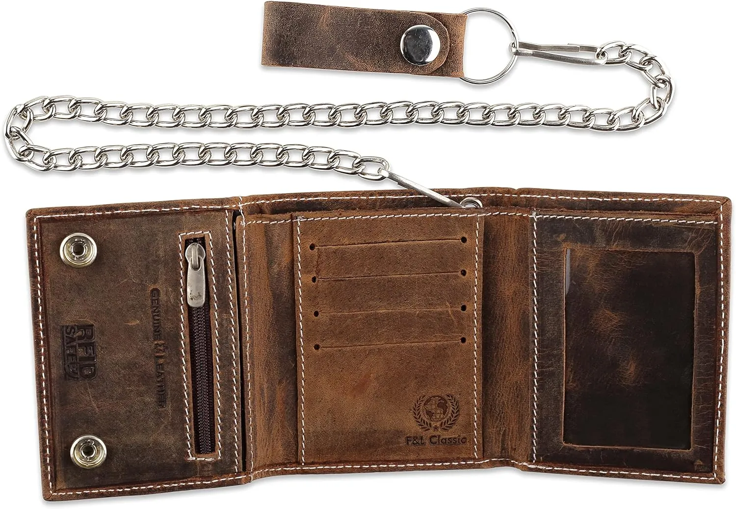 RFID Blocking Men's Tri-fold Vintage Biker Cowhide Leather Steel Chain Wallet,Snap closure, Made In USA,Vintage buffalo brown White stitching,315