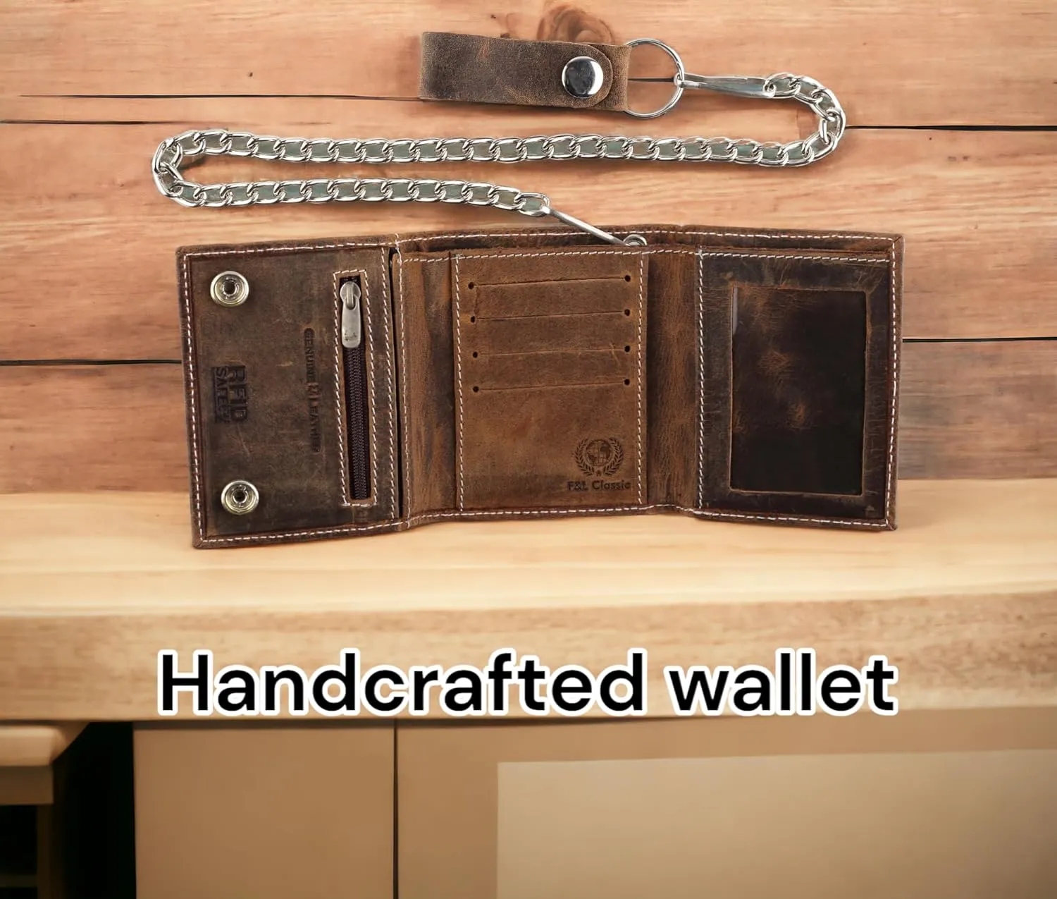 RFID Blocking Men's Tri-fold Vintage Biker Cowhide Leather Steel Chain Wallet,Snap closure, Made In USA,Vintage buffalo brown White stitching,315
