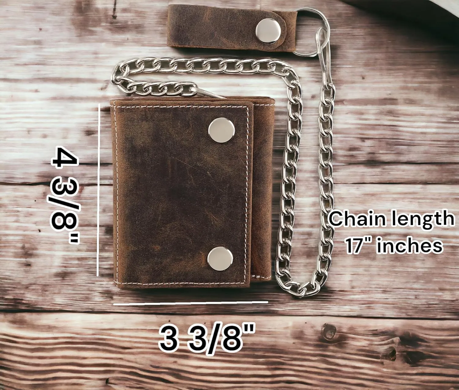 RFID Blocking Men's Tri-fold Vintage Biker Cowhide Leather Steel Chain Wallet,Snap closure, Made In USA,Vintage buffalo brown White stitching,315