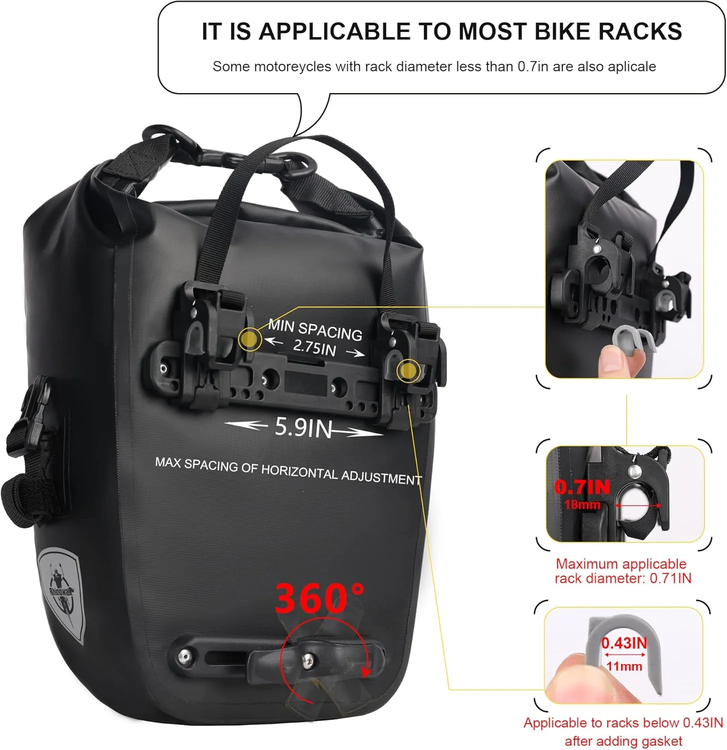 Rhinowalk Bike Pannier Bag 7L Waterproof Bicycle Rear Rack Bag With Shoulder Strap for Touring Cycling