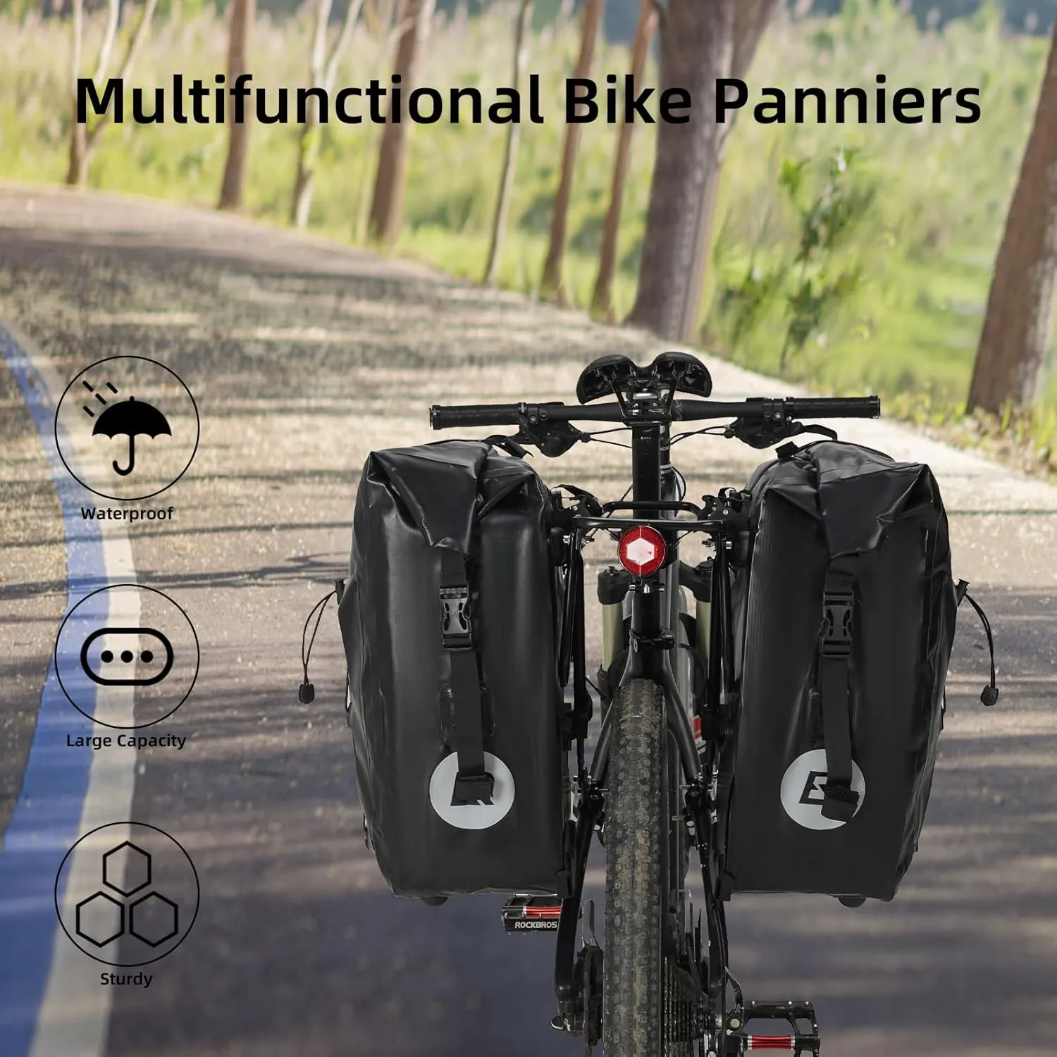 ROCKBROS Bike Panniers Waterproof Rear Rack Bag Max 30L Large Capacity for Cycling Traveling Commuting