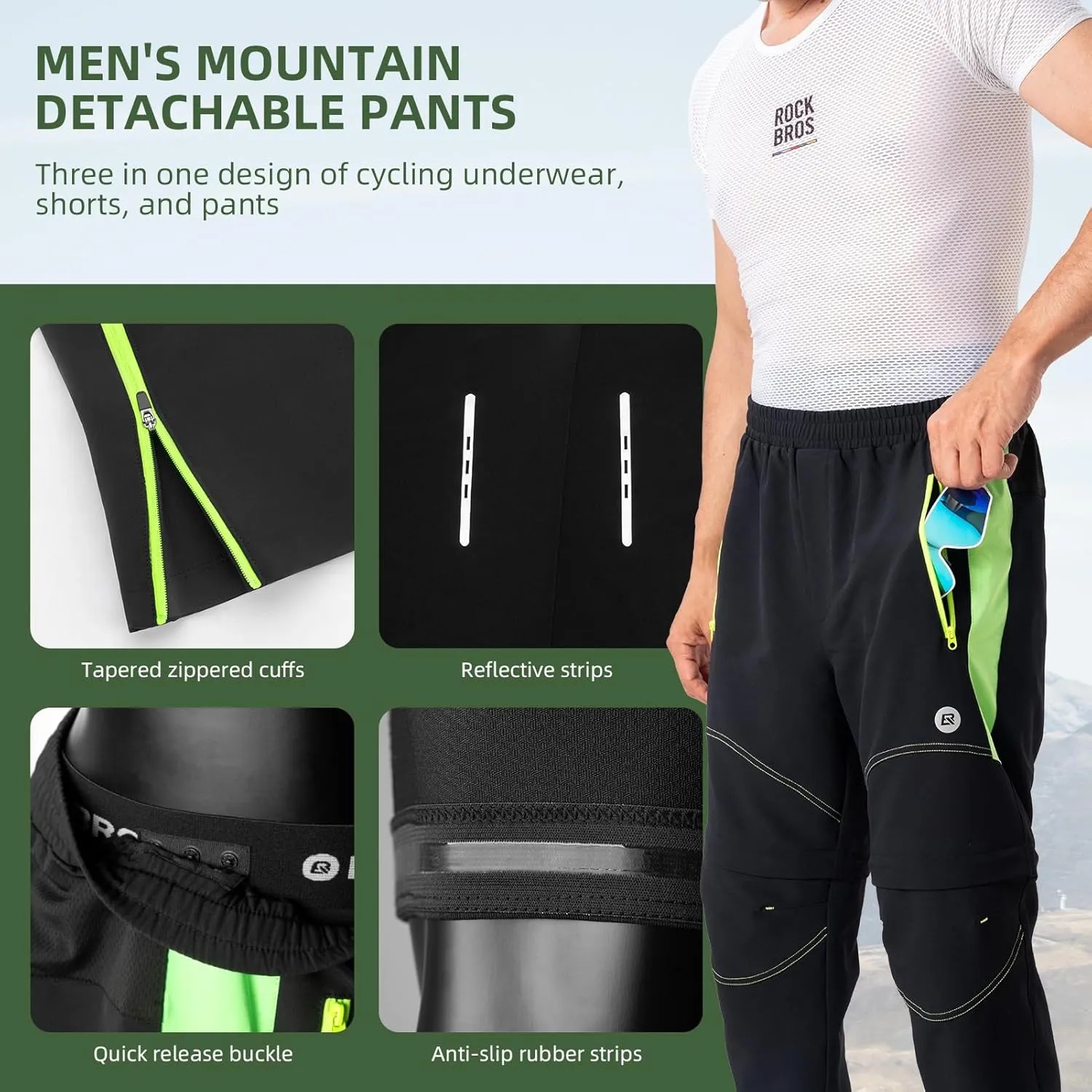 ROCKBROS Men's Cycling Pants Detachable Shorts 3 in 1 Mountain Bike Hiking Gear Windproof Fleece Lined Running Ski