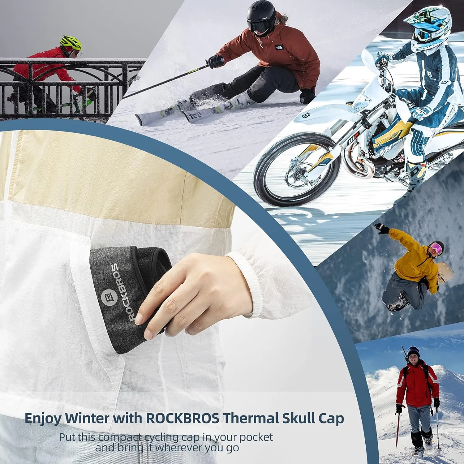 ROCKBROS Skull Cap Helmet Liner Winter Thermal Cycling Caps for Men Women Running Beanies Hat with Glasses Holes