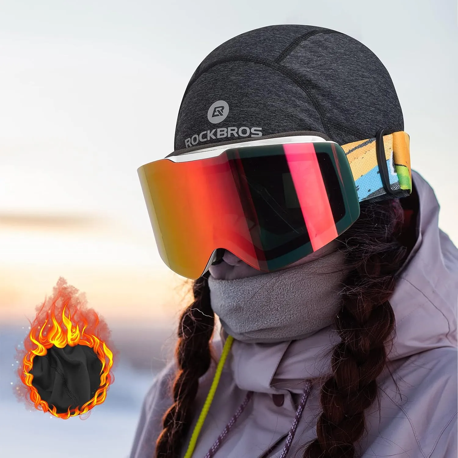 ROCKBROS Skull Cap Helmet Liner Winter Thermal Cycling Caps for Men Women Running Beanies Hat with Glasses Holes