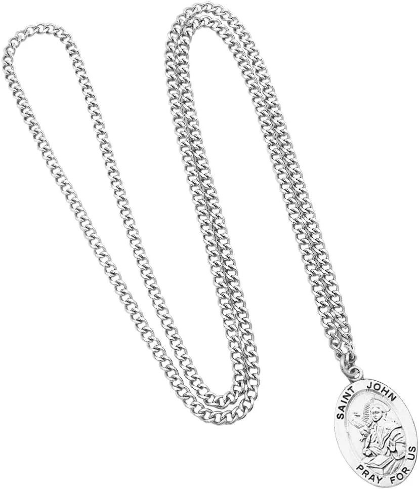Rosemarie Collections Religious Saint Medal Pendant On Claspless Stainless Steel Curb Chain Necklace With Biography And Picture Folder, 24"