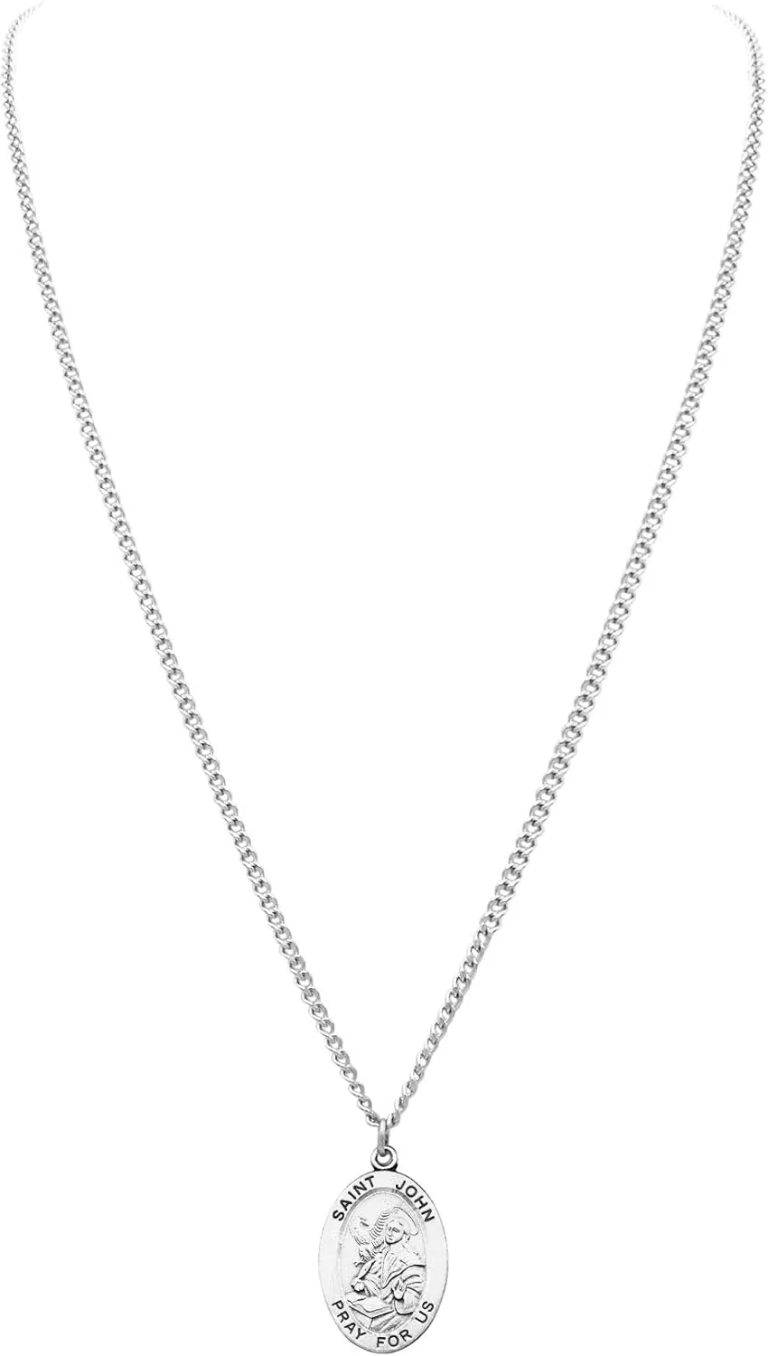 Rosemarie Collections Religious Saint Medal Pendant On Claspless Stainless Steel Curb Chain Necklace With Biography And Picture Folder, 24"
