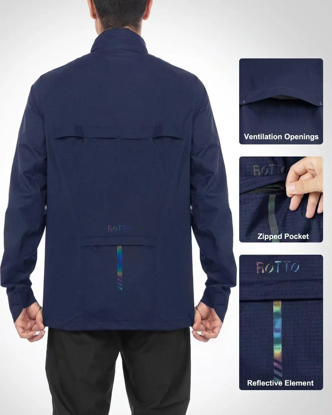 ROTTO Mens Cycling Rain Jacket Waterproof Windbreaker for Outdoor Hooded Packable Lightweight Reflective