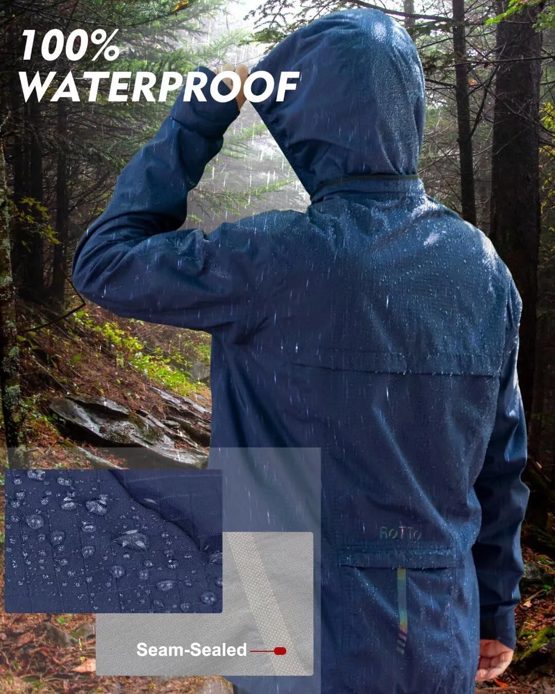 ROTTO Mens Cycling Rain Jacket Waterproof Windbreaker for Outdoor Hooded Packable Lightweight Reflective