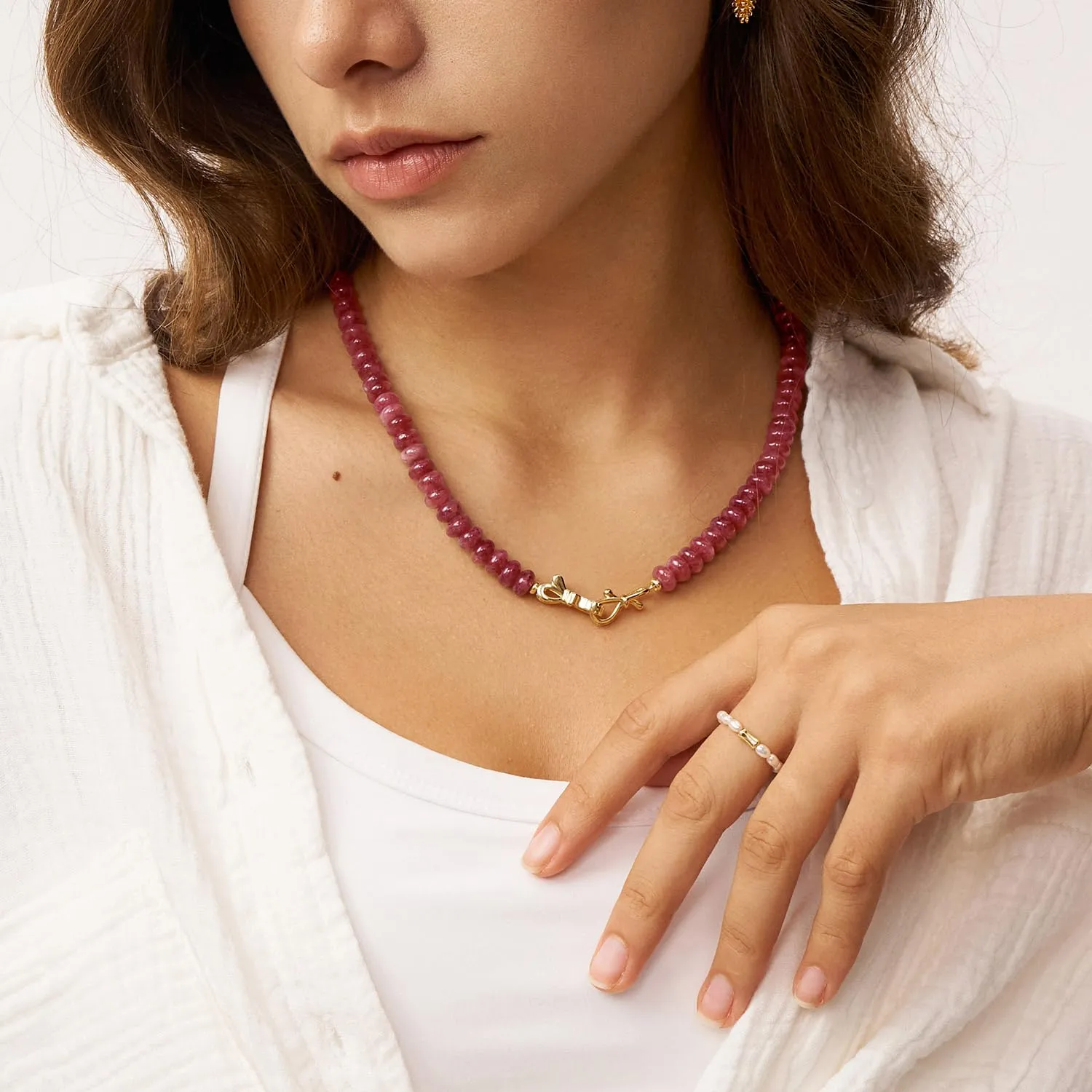 Ruby Gemstone Beaded Choker Necklace for Women 14K Gold Bow Birthstone Beads Chokers