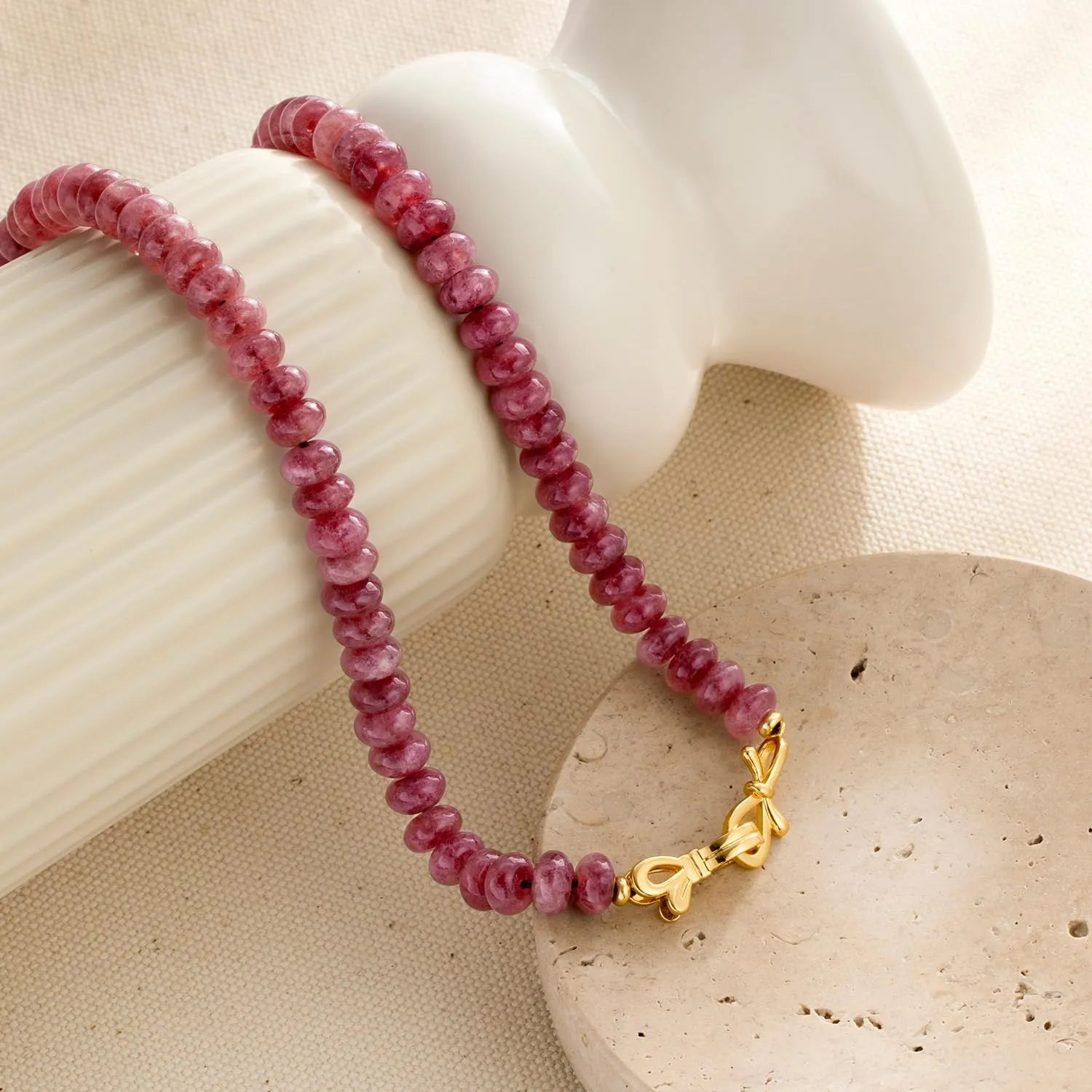 Ruby Gemstone Beaded Choker Necklace for Women 14K Gold Bow Birthstone Beads Chokers