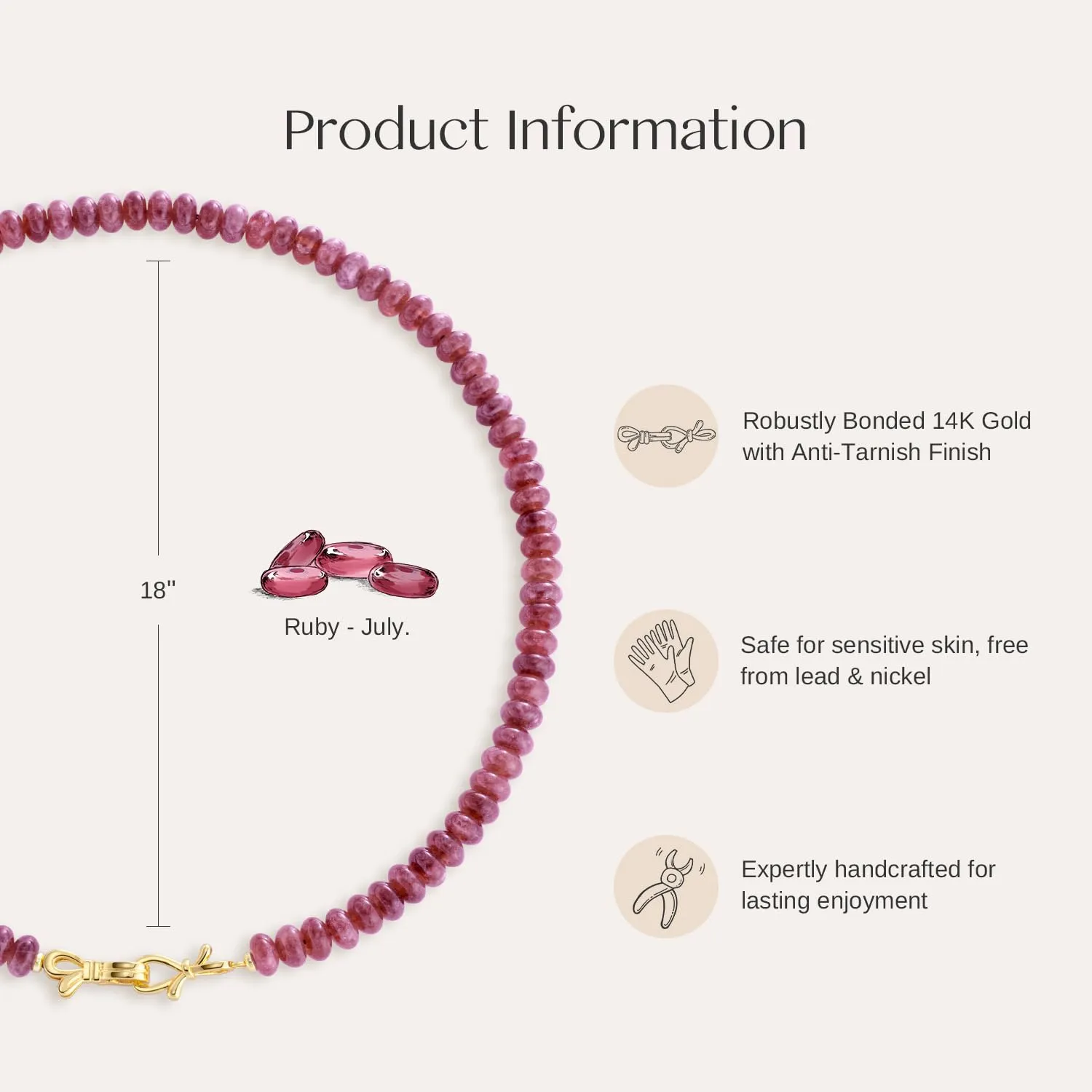 Ruby Gemstone Beaded Choker Necklace for Women 14K Gold Bow Birthstone Beads Chokers