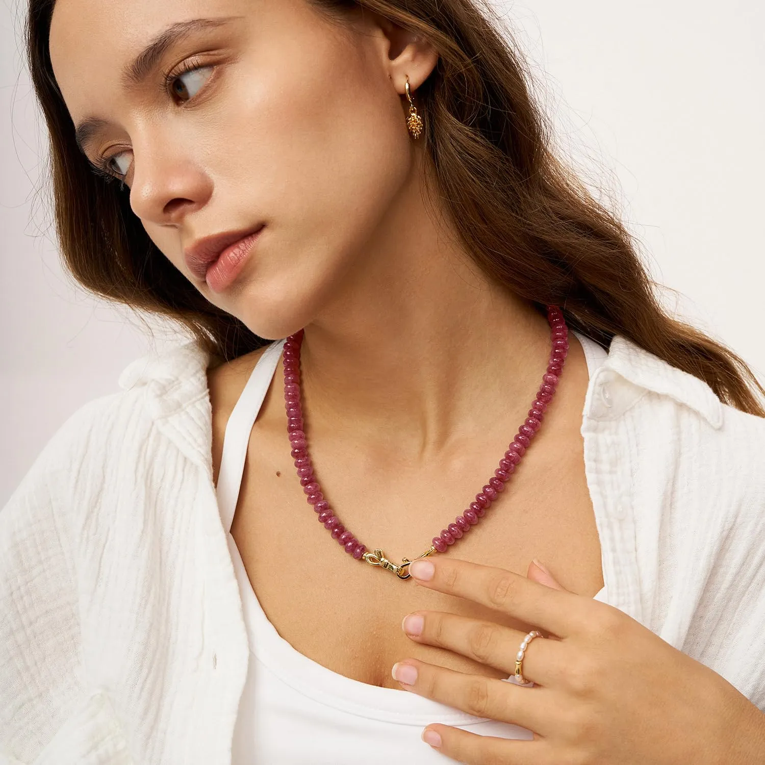 Ruby Gemstone Beaded Choker Necklace for Women 14K Gold Bow Birthstone Beads Chokers