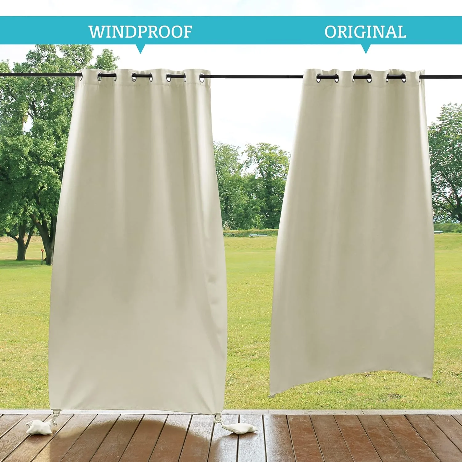 RYB HOME Outdoor Curtain Windproof with Weighted Bags, Blackout Indoor Outdoor Curtains Waterproof Thermal Insulated for Backyard Patio, Screen Porch, Grill Gazebo, W 52" x L 96", 2 Pcs, Natural