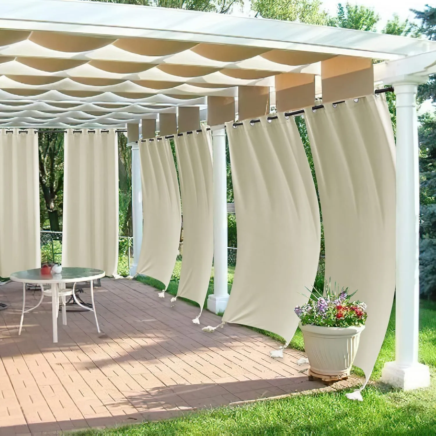 RYB HOME Outdoor Curtain Windproof with Weighted Bags, Blackout Indoor Outdoor Curtains Waterproof Thermal Insulated for Backyard Patio, Screen Porch, Grill Gazebo, W 52" x L 96", 2 Pcs, Natural