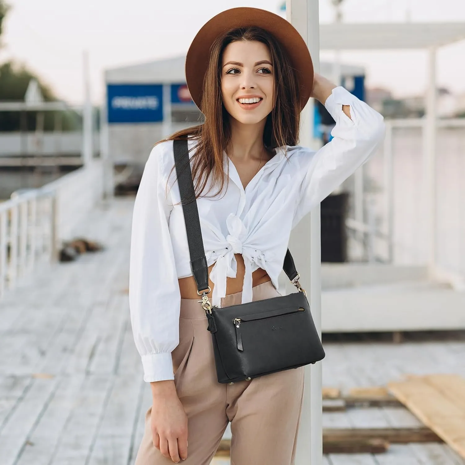 S-ZONE Crossbody Bags for Women Trendy Genuine Leather Small Shoulder Bag Purses with Wide Strap