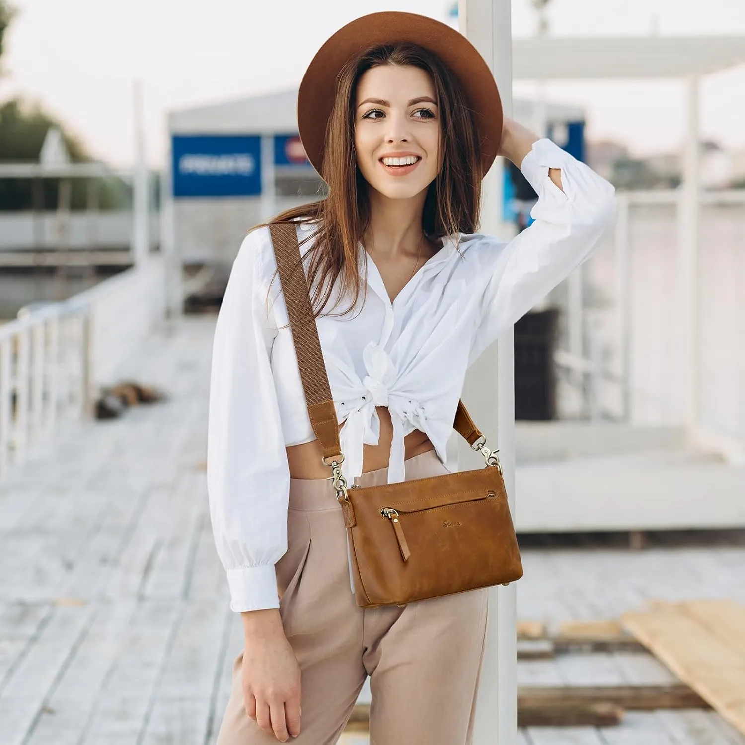 S-ZONE Crossbody Bags for Women Trendy Genuine Leather Small Shoulder Bag Purses with Wide Strap