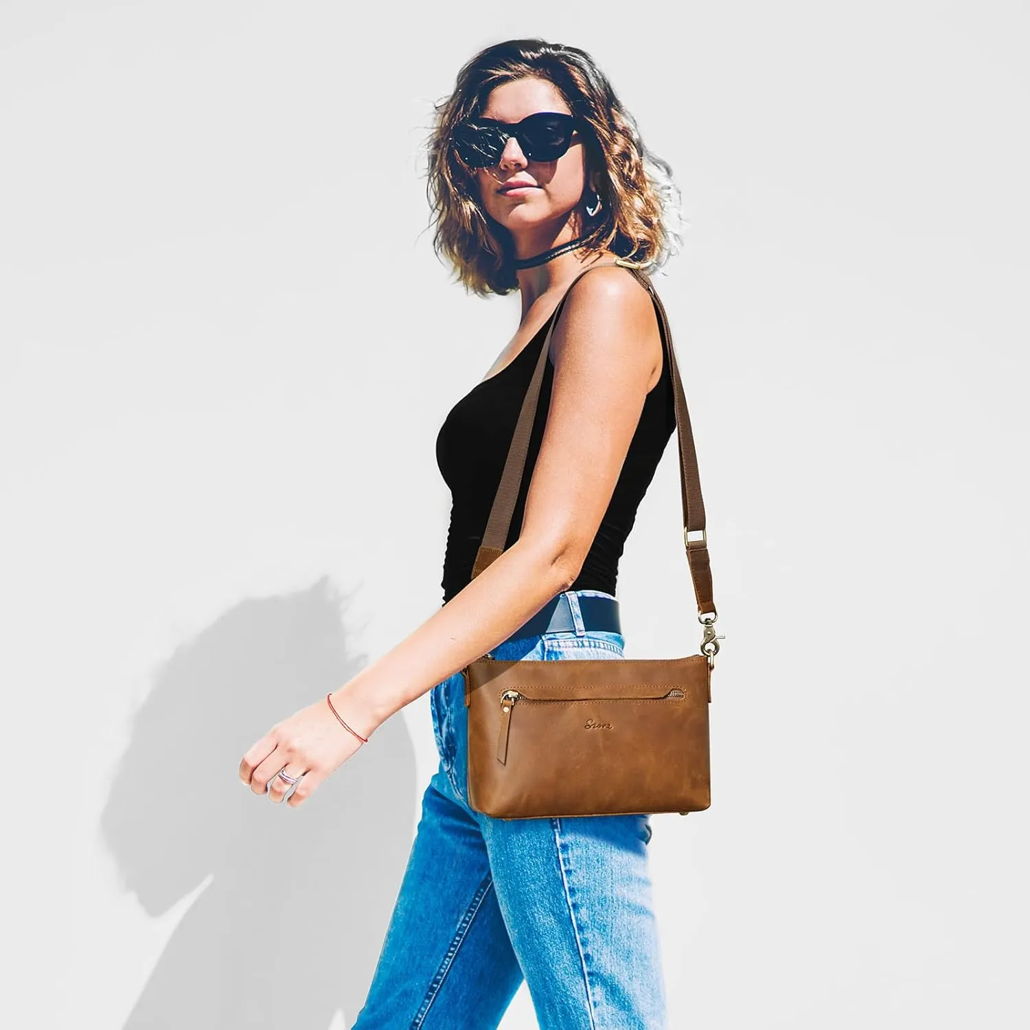 S-ZONE Crossbody Bags for Women Trendy Genuine Leather Small Shoulder Bag Purses with Wide Strap