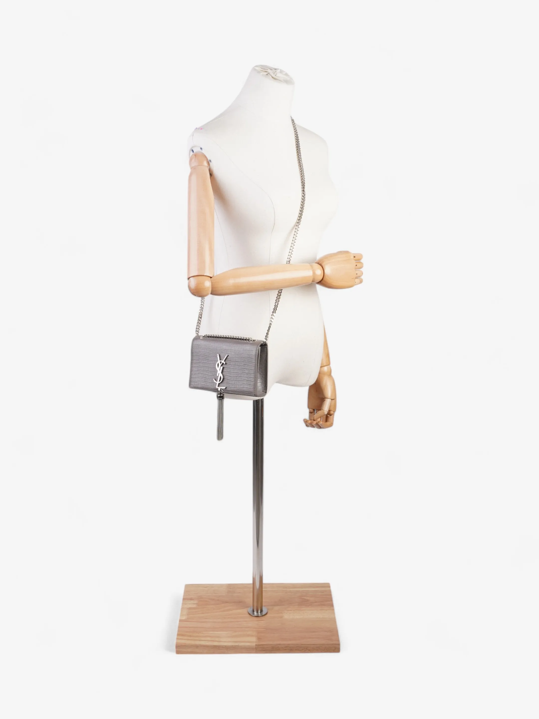 Saint Laurent Kate Tassel Grey Embossed Leather Small