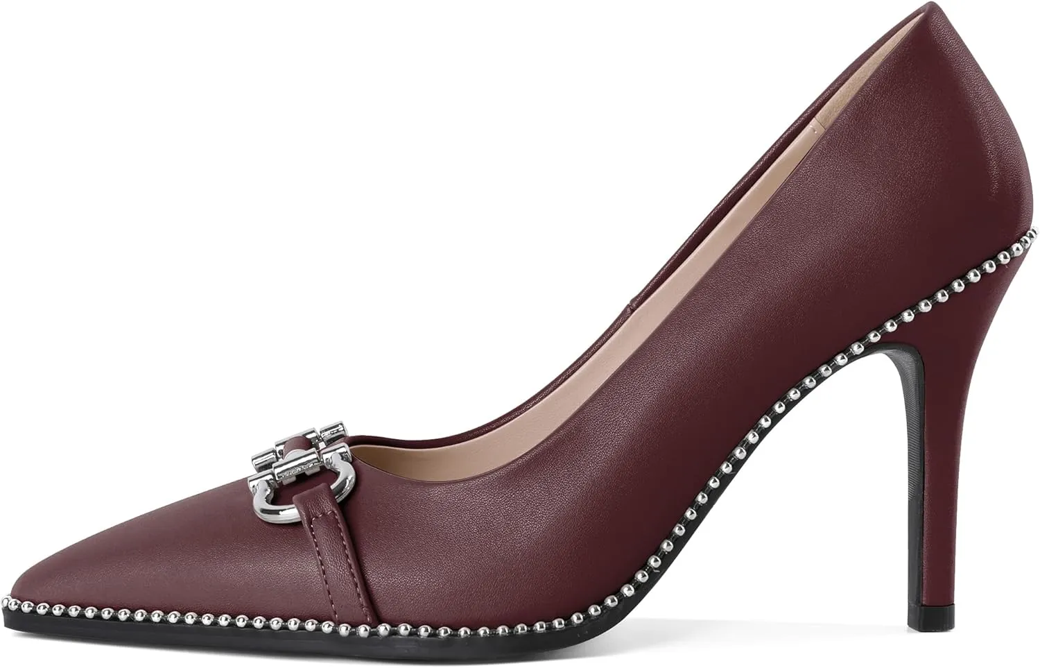 SAMMITOP Women Beaded Pumps Closed Pointed Toe High Heel Buckle Bow Slip On Stilettos 3.5 Inch Sexy Heeled Dress Shoes