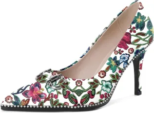 SAMMITOP Women Beaded Pumps Closed Pointed Toe High Heel Buckle Bow Slip On Stilettos 3.5 Inch Sexy Heeled Dress Shoes