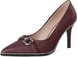 SAMMITOP Women Beaded Pumps Closed Pointed Toe High Heel Buckle Bow Slip On Stilettos 3.5 Inch Sexy Heeled Dress Shoes