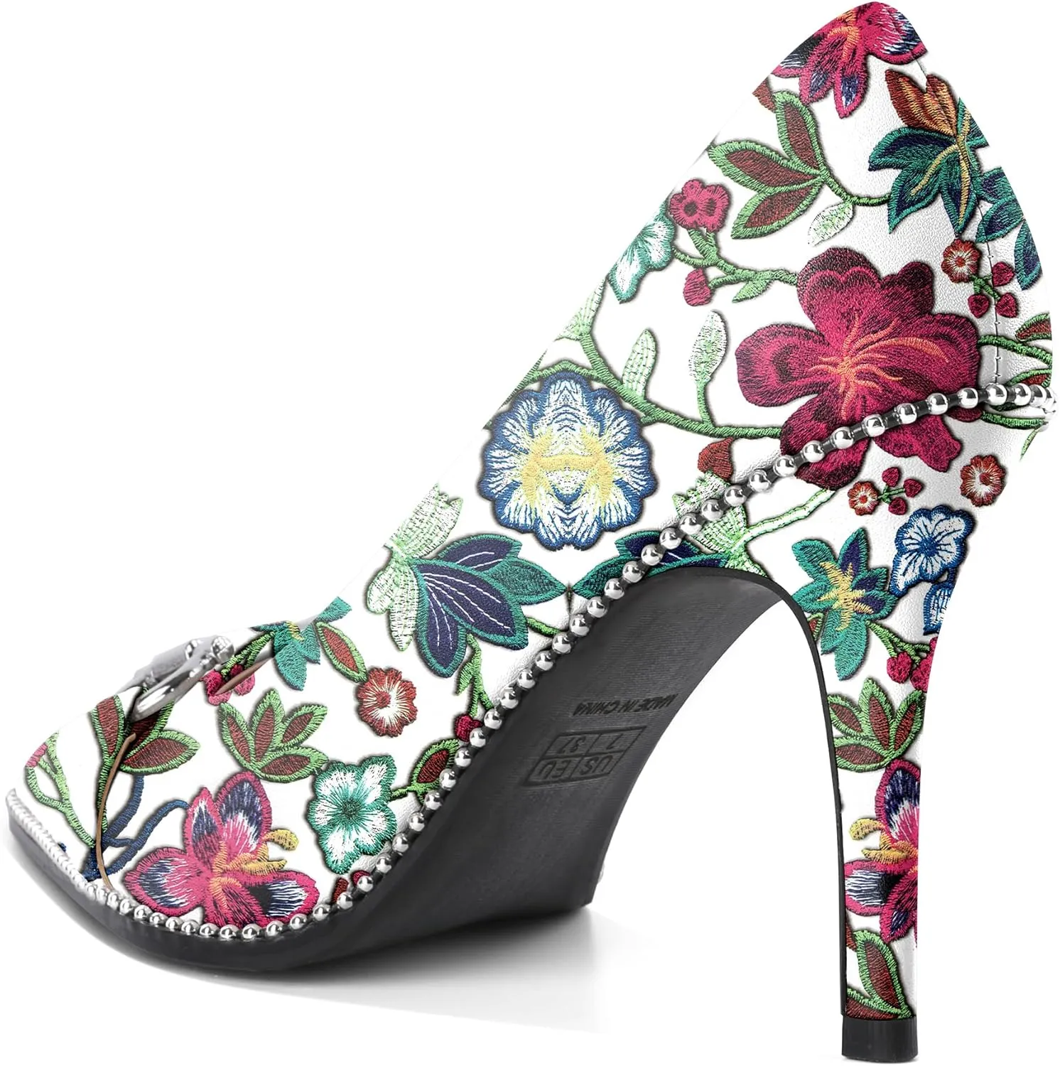 SAMMITOP Women Beaded Pumps Closed Pointed Toe High Heel Buckle Bow Slip On Stilettos 3.5 Inch Sexy Heeled Dress Shoes
