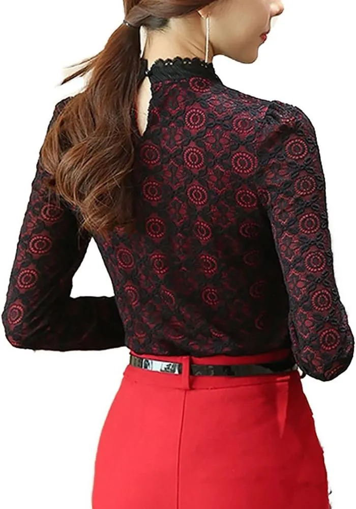 SansoiSan Women's Vintage Beaded Buttons Pleated Shirt Long Sleeve Lace Stretchy Blouse