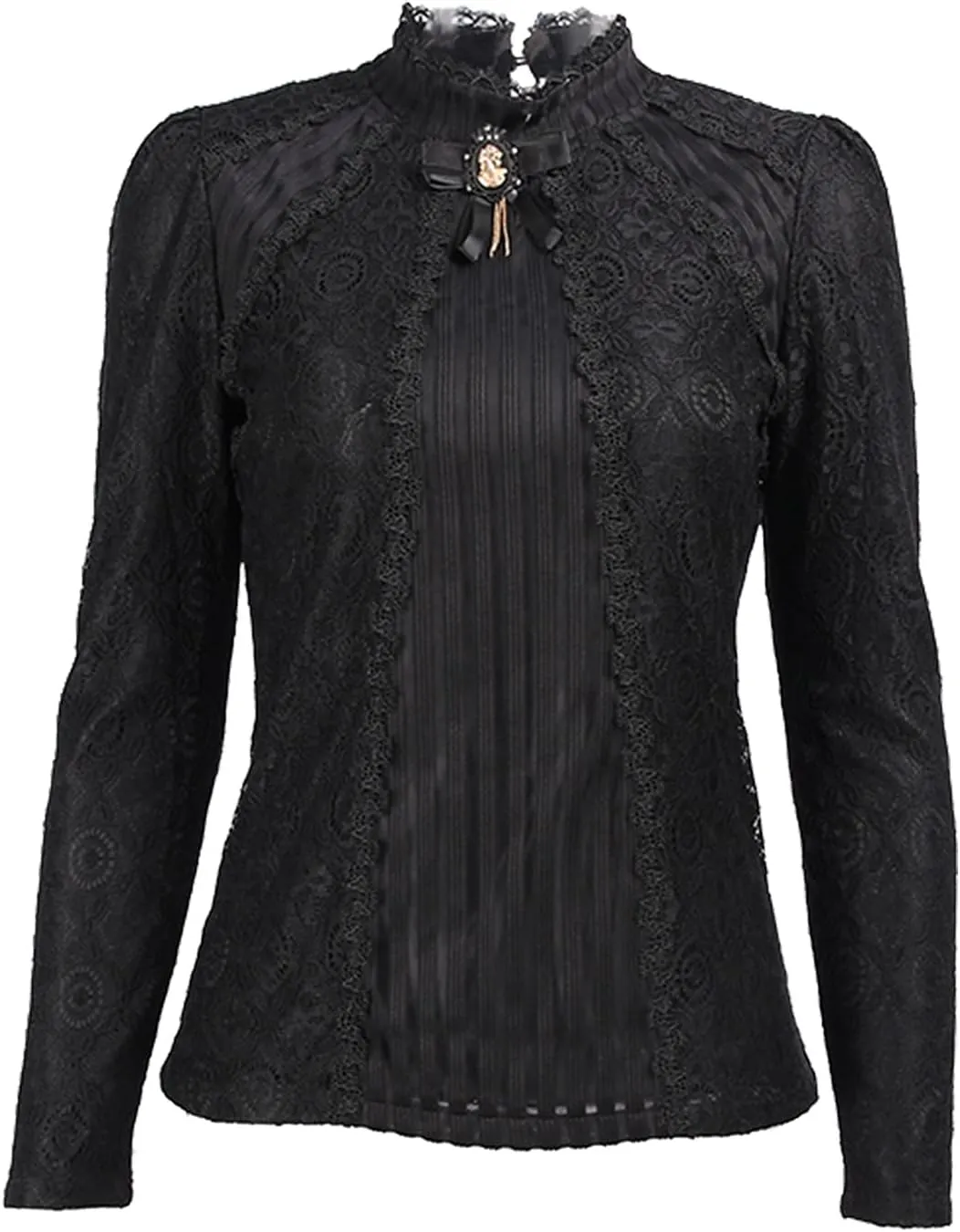SansoiSan Women's Vintage Beaded Buttons Pleated Shirt Long Sleeve Lace Stretchy Blouse