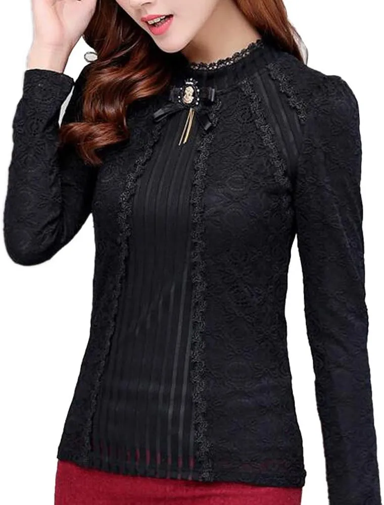 SansoiSan Women's Vintage Beaded Buttons Pleated Shirt Long Sleeve Lace Stretchy Blouse