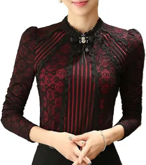 SansoiSan Women's Vintage Beaded Buttons Pleated Shirt Long Sleeve Lace Stretchy Blouse