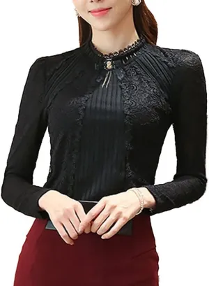 SansoiSan Women's Vintage Beaded Buttons Pleated Shirt Long Sleeve Lace Stretchy Blouse