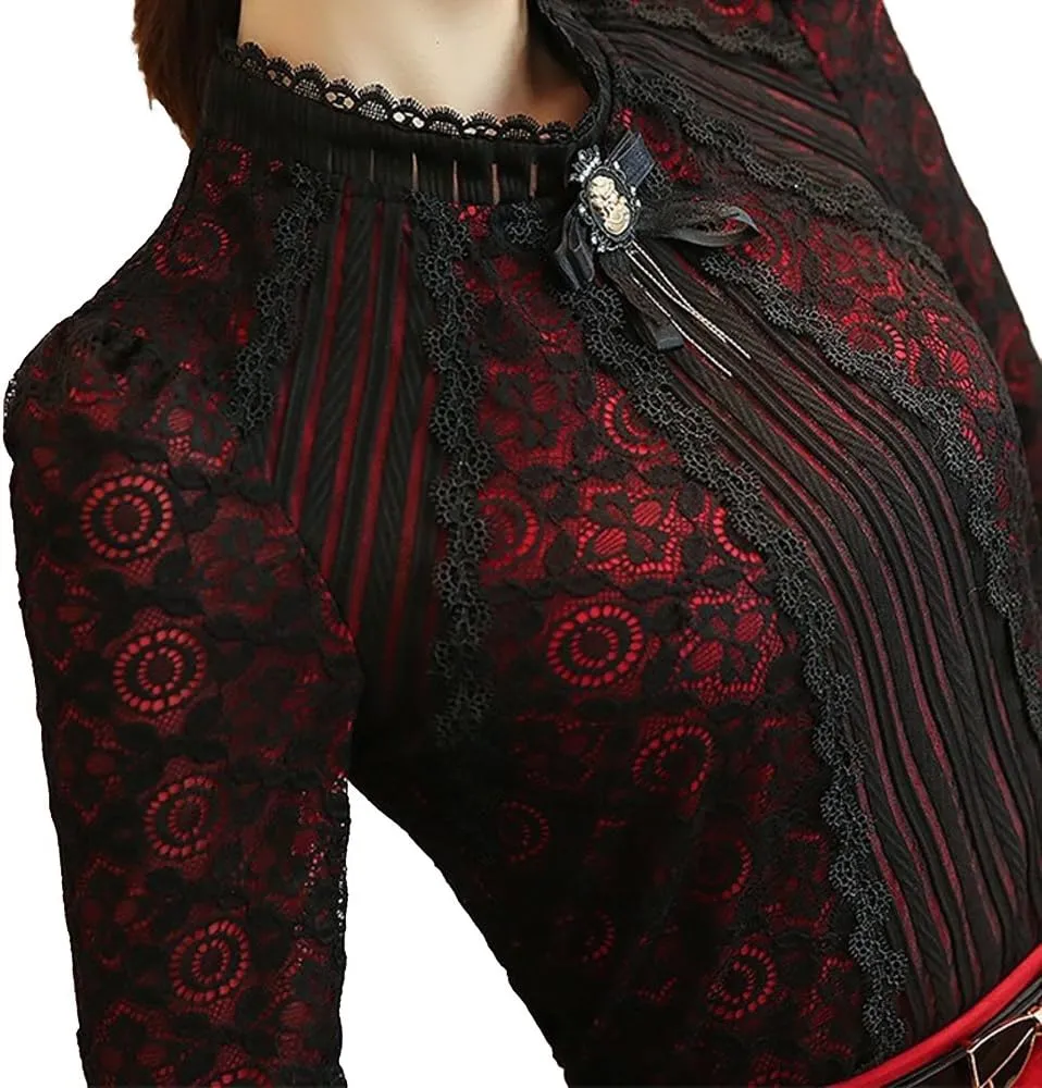 SansoiSan Women's Vintage Beaded Buttons Pleated Shirt Long Sleeve Lace Stretchy Blouse
