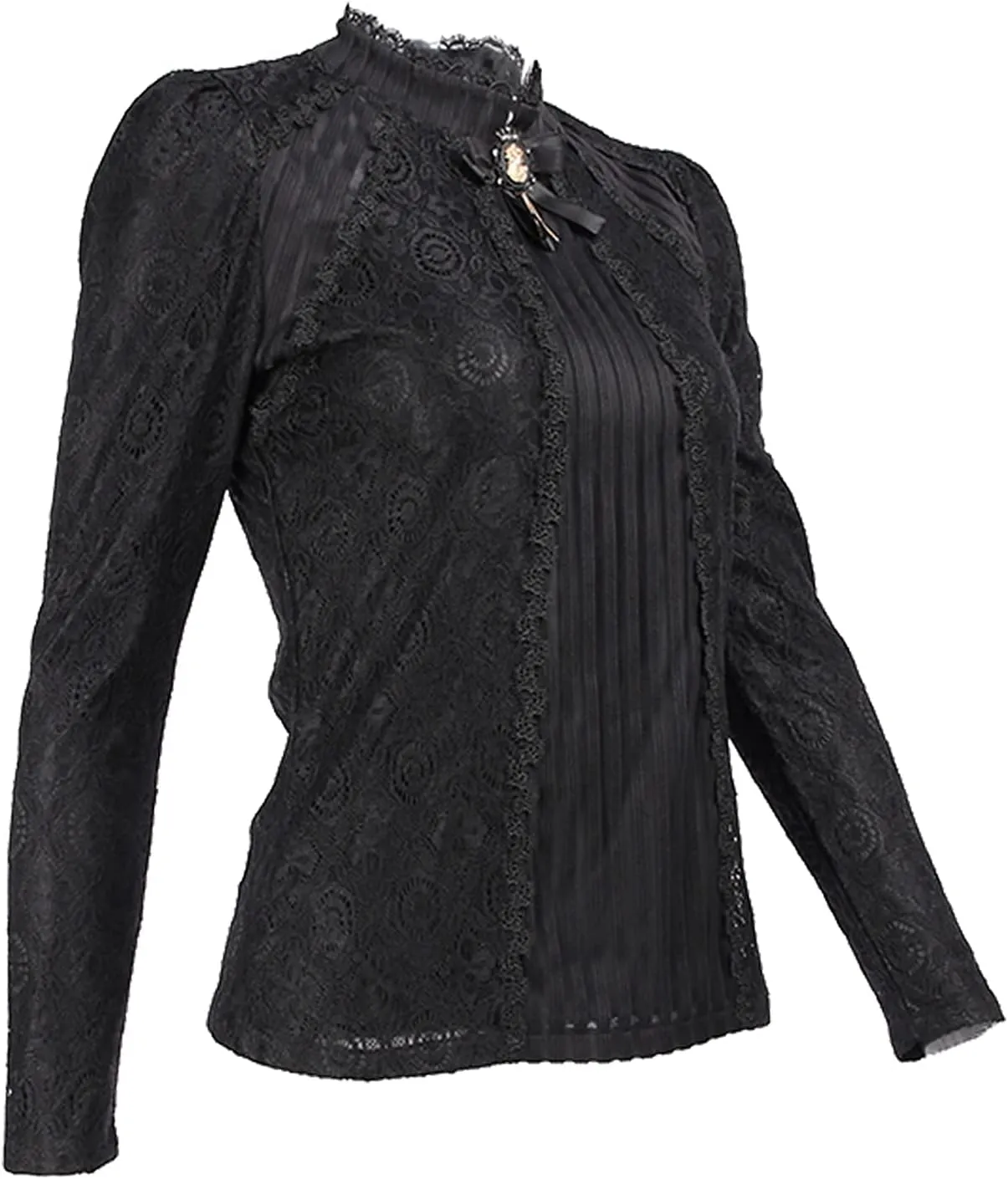 SansoiSan Women's Vintage Beaded Buttons Pleated Shirt Long Sleeve Lace Stretchy Blouse