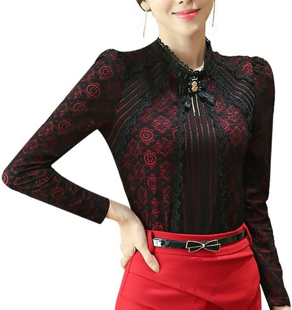 SansoiSan Women's Vintage Beaded Buttons Pleated Shirt Long Sleeve Lace Stretchy Blouse