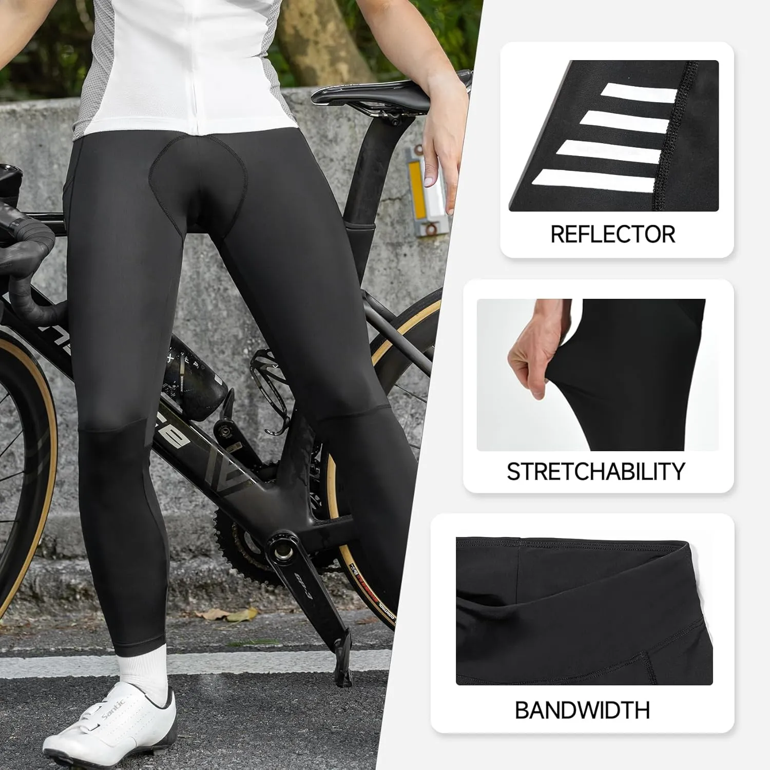 Santic Men's Bike Pants Long 4D Padded Cycling Tights Leggings Outdoor Riding Pants with Zipper Pockets