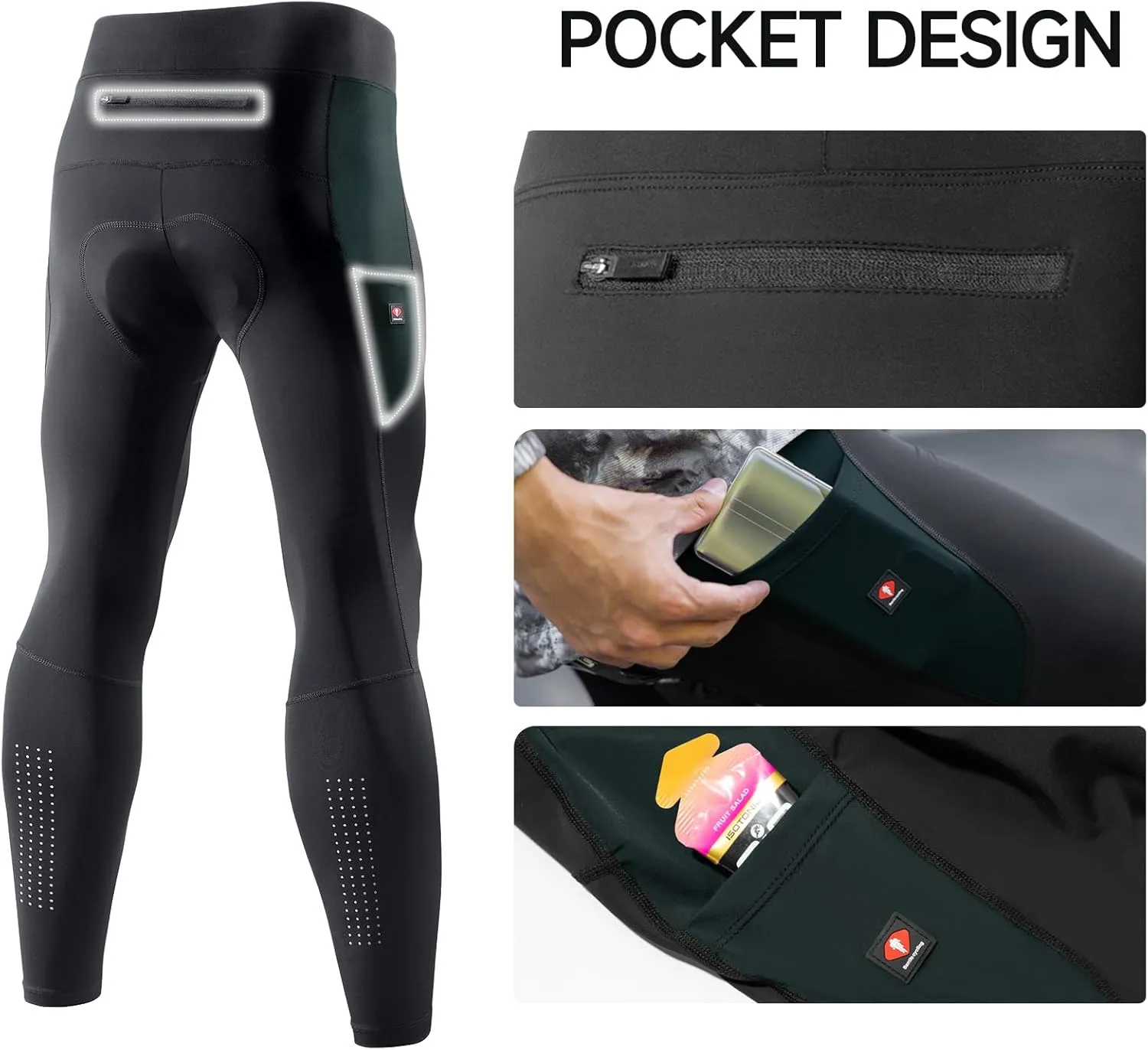 Santic Men's Bike Pants Long 4D Padded Cycling Tights Leggings Outdoor Riding Pants with Zipper Pockets