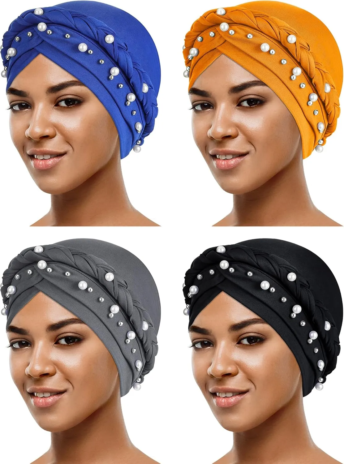SATINIOR 4 Pieces African Women Turban Cap Head Wraps Beaded Headscarf Beanie Wrap